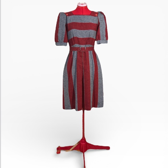 Jolibel Dresses & Skirts - Vintage Jolibel Red and Grey Striped Pleated Dress